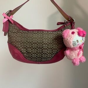 Vintage Coach Tan Signature with Pink Leather Mini Hobo Shoulder Bag